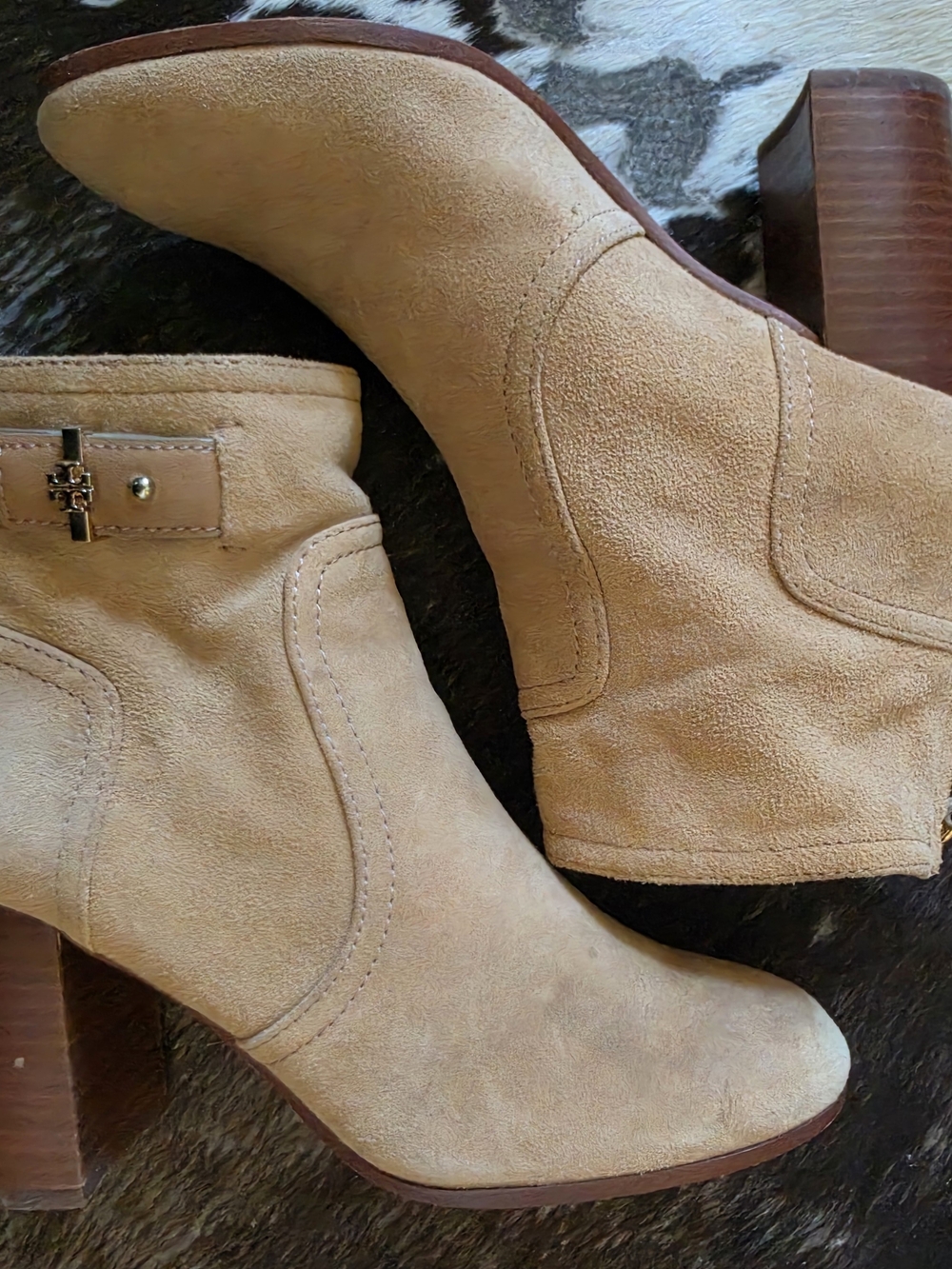 Tory Burch Suede Ankle Booties in Beige with Block Heel